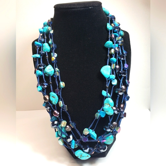 Park Lane Blue Turquoise and Fresh Water Pearl Multi-Strand Necklace - Picture 4 of 9